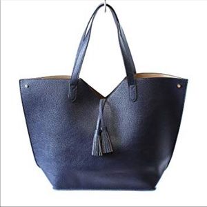 Neiman Marcus Navy faux leather tassel tote